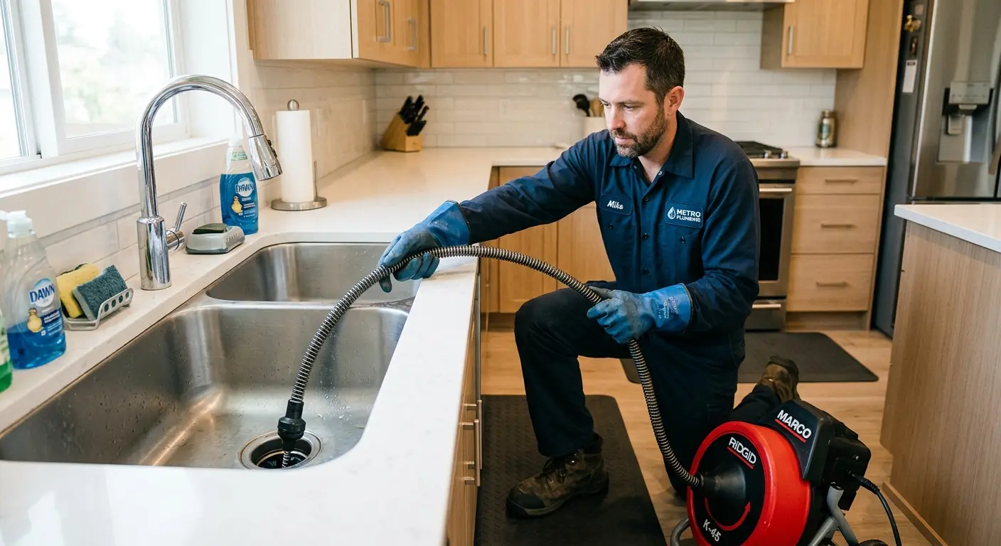 Drain cleaning technician using a motorized snake on a kitchen sink in Sewickley