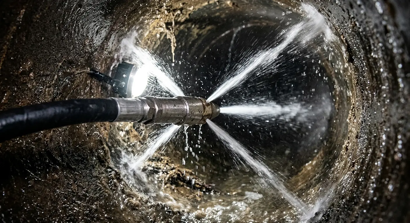 High-pressure hydro jetting nozzle cleaning sewer pipe for Emergency Drain Service in Sewickley