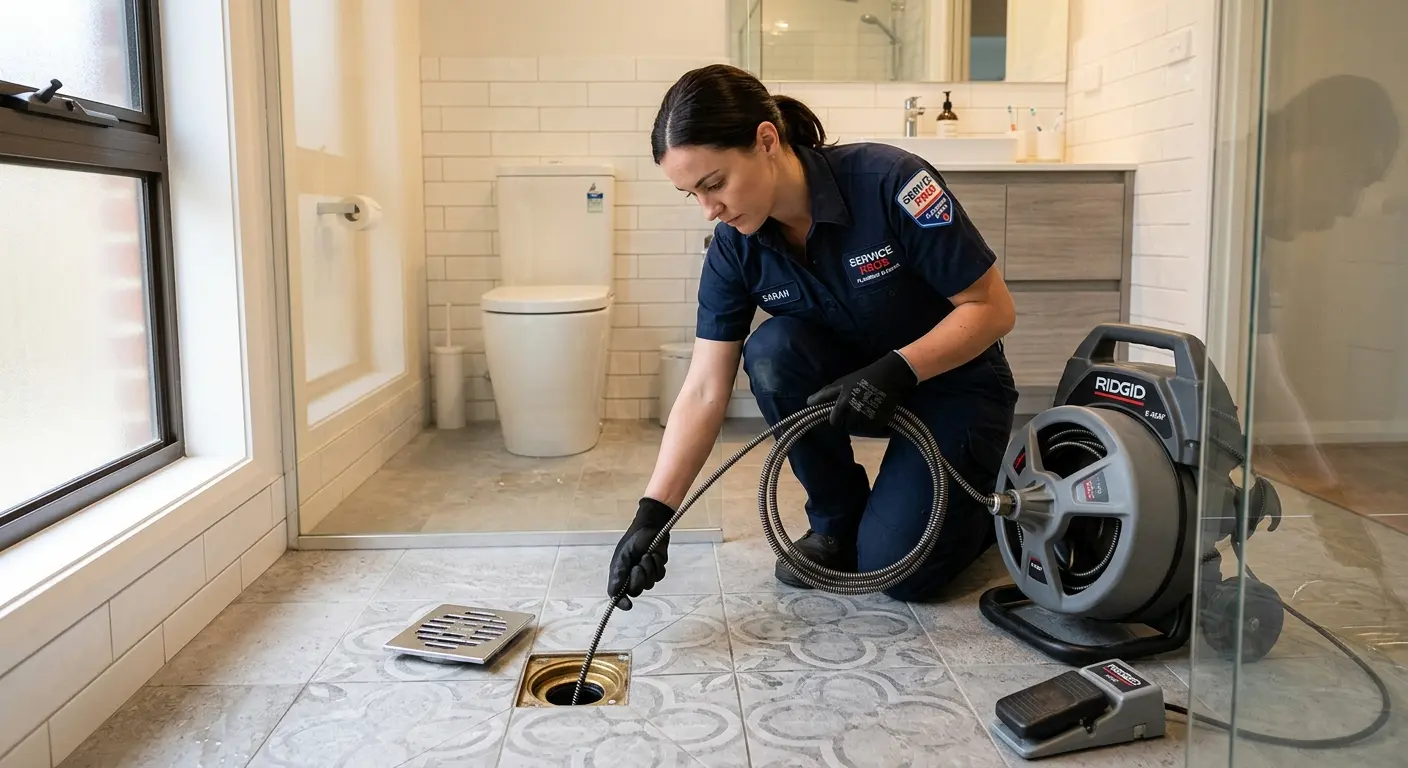 Technician clearing a bathroom floor drain for Sewer Line Installation in Sewickley